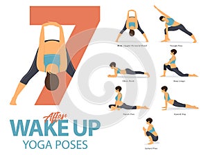 A set of yoga postures female figures for Infographic 7 Yoga poses for exercise after wake up in flat design. Vector.