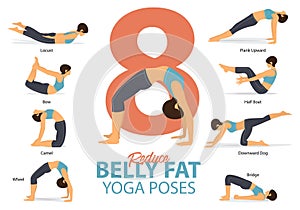 A set of yoga postures female figures for Infographic 8 Yoga poses for reduce belly fat in flat design. Woman figures exercise.