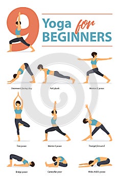 Set of yoga postures female figures Infographic 9 Yoga poses for Beginners in flat design. Vector Illustration.