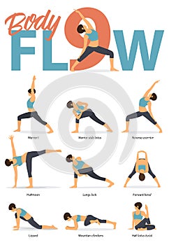 Set of yoga postures female figures for Infographic 9 Yoga poses for body flow in flat design.