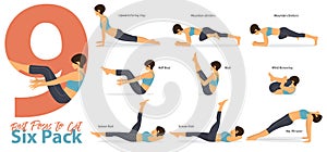 A set of yoga postures female figures for Infographic 9 Yoga poses for get six pack in flat design. Vector