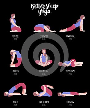 Better sleep yoga. Poses for good rest. Fitness exercises girl.