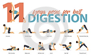 Set of yoga postures female figures for Infographic 11 Yoga poses for best digestion in flat design. photo