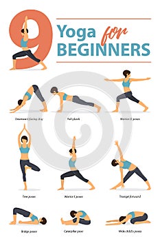 Set of yoga postures female figures Infographic 9 Yoga poses for Beginners in flat design. Vector Illustration. photo
