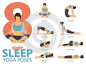 A set of yoga postures female figures for Infographic 8 Yoga poses for exercise before sleep in flat design. Vector.