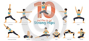 A set of yoga postures female figures for Infographic 10 Yoga poses for get strong hips in flat design. photo