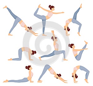 Set of yoga postures. Woman doing yoga and pilates exercises. Healthy lifestyle. Workout, vector illustration