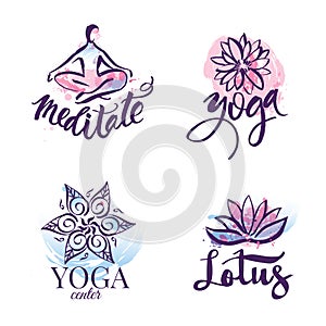 Set of yoga studio and meditation class logo, icons and design elements. Health care, sport and fitness design elements