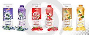 Set of yogurt in bottles and boxes with fruit and berries.