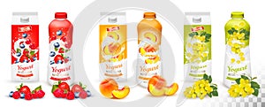 Set of yogurt in bottles and boxes with fruit and berries.
