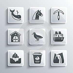 Set Yogurt container, Waterfall, Cruise ship, Albatross, Iceberg, Farm house, Whale and Pickaxe icon. Vector