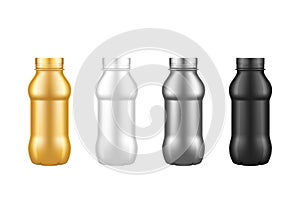 Set of yogurt plastic bottle isolated mockups - gold, silver, black, white with screw cap