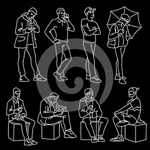 Set of young and adult men standing and sitting. Monochrome vector illustration of men in different poses in simple line