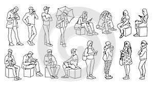 Set of young and adult men and women standing, sitting. Monochrome vector illustration of people in different poses in