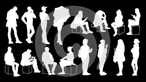 Set of young and adult men and women standing and sitting. Monochrome vector illustration of silhouettes of people in