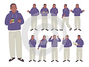 Set of young African American man character in different poses on white background. A happy dark-skinned guy