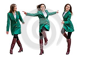 Set of young atractive dancing women isolated over white background, full lenght, various poses