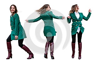 Set of young atractive dancing women isolated over white background, full lenght, various poses