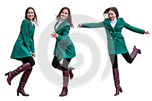 Set of young atractive dancing women isolated over white background, full lenght, various poses