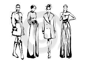 Set of young beautiful women in stylish clothes. Fashion sketch