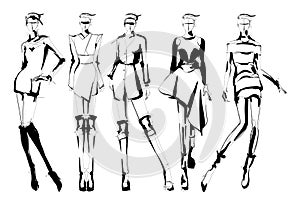 Set of young beautiful women in stylish clothes. Sale concept. Hand-drawn fashion illustration. Fashion sketch
