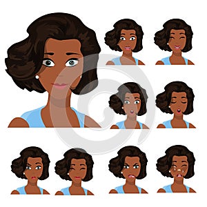 Set of young black woman s emotions.