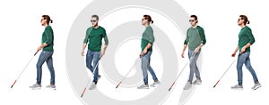Set of young blind man with long cane walking on white