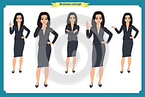 Set of young businesswoman presenting in different poses.People character. Standing. Isolated on white. Flat style.business