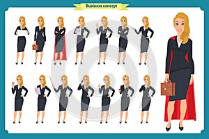 Set of young businesswoman presenting in different poses.People character. Standing. Isolated on white. Flat style.business