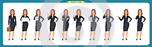 Set of young businesswoman presenting in different poses.People character. Standing. Isolated on white. Flat style.business