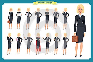 Set of young businesswoman presenting in different poses.People character. Standing. Isolated on white. Flat style.business