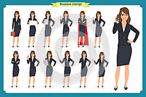 Set of young businesswoman presenting in different poses.People character. Standing. Isolated on white. Flat style.business