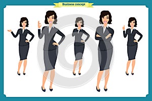 Set of young businesswoman presenting in different poses.People character. Standing. Isolated on white. Flat style.business