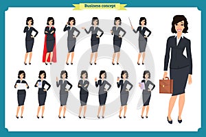 Set of young businesswoman presenting in different poses.People character. Standing. Isolated on white. Flat style.business