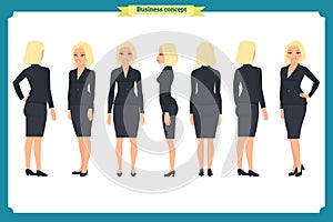 Set of young businesswoman presenting in different poses.People character. Standing, on white. Flat style.business