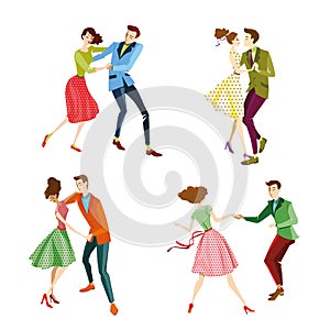 Set of Young couples dancing lindy hop