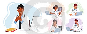 Set of Young Doctor Male and Female Characters Seated At A Desk With Laptop, Studying And Analyzing Patient Data