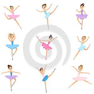 Set of young girl ballerina, colorful textile clothes