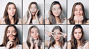 Set of young girl emotions. Casual brunette woman grimacing and gesturing on camera, at gray studio background.