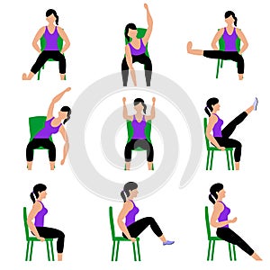 Set of young girls doing exercises in the gym. Beautiful woman doing exercises with chair.
