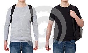 Set of young guy in gray blank sweatshirt with copy space and black template mockup t shirt isolated on white background.