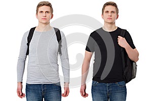 Set of young guy in gray blank sweatshirt with copy space and black template mockup t shirt isolated on white background.