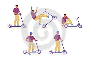 Set of young guy riding electric walk scooter, falling off scooter at speed, fall injury. Concept of driving scooter