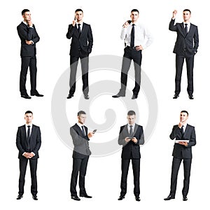 Set of a young handsome businessman isolated on white.