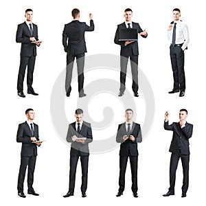 Set of a young and handsome businessman isolated on white. Business, career, job.