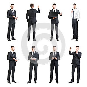 Set of a young and handsome businessman isolated on white. Business, career, job, concept.