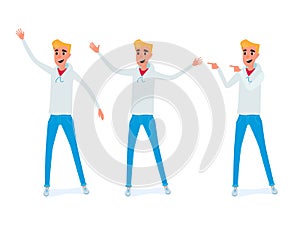 Set of young man character design. Happy young man in casual clothes in various poses.