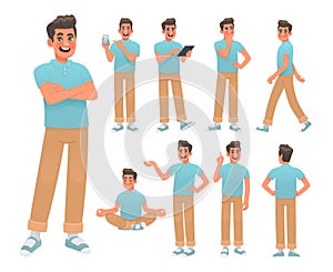 Set of young man character in various poses and actions. Happy guy thinks, meditates and uses gadgets