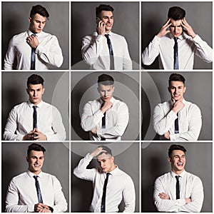 Set of young man different emotions at gray studio background