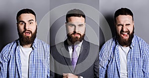 Set of young man different emotions at gray studio background